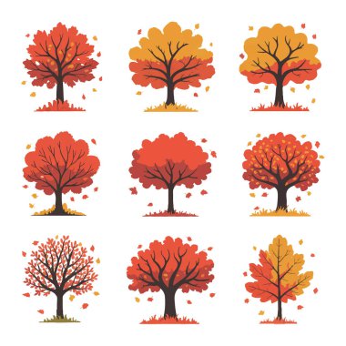 Dokuz renkli sonbahar ağacından oluşan vektör sanatı. Kırmızının, turuncunun ve sarısının tonlarında, açık bir arkaplanda izole edilmiş yaprakları var.