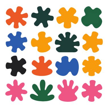 Soyut renkli organik şekillerin vektör sanatı ve parlak arkaplanda çeşitli renklerde kabarcıklar, modern grafik tasarım elementleri.