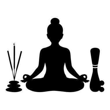 Nilüfer çiçeğinde meditasyon yapan bir kadının silüet sanatı tütsü ve istiflenmiş taşlar ile beyaz arka planda izole edilmiş.