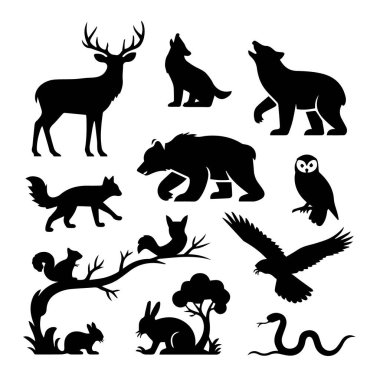 Beyaz arka planda geyik, ayı, kurt, tilki, baykuş, yılan, sincap ve tavşan gibi çeşitli vahşi hayvan siluetleri koleksiyonu