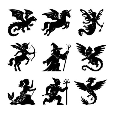 Mistik fantezi yaratıkların ve siluetteki efsanevi varlıkların koleksiyonunun taşıyıcı sanatı