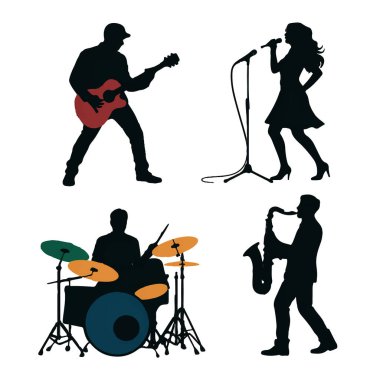 Gitarist, şarkıcı, davulcu ve saksofoncuyla birlikte beyaz arka planda izole edilmiş bir rock grubunun silüet çizimi.