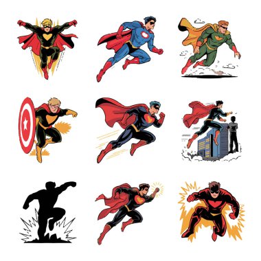 Hareket halindeki süper kahraman vektör sanatı, beyaz arka planda izole edilmiş pelerin ve kostümlerle uçan, atlayan ve güçlü pozlar veren harekettir.