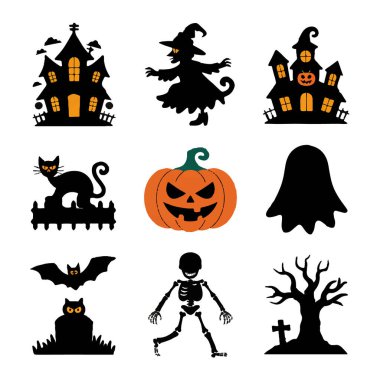 Cadılar Bayramı ikonlarının toplanma sanatı içinde perili bir ev, cadı, hayalet, balkabağı, yarasa, kedi, iskelet ve beyaz arka planda izole edilmiş ürkünç ağaç var.