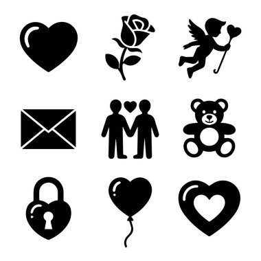 Aşk ve romantizm ikonları koleksiyonu, kalpler, gül, aşk tanrısı, zarf, çift, oyuncak ayı, kilit ve balon, beyaz arka planda izole