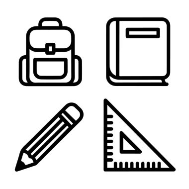 Beyaz arka planda izole edilmiş sırt çantası, kitap, kalem ve cetvel gibi okul malzemeleri.