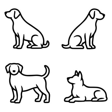 Farklı pozlar veren köpek simgeleri. Oturma, ayakta durma ve yalan söyleme gibi. Beyaz arka planda izole edilmiş.
