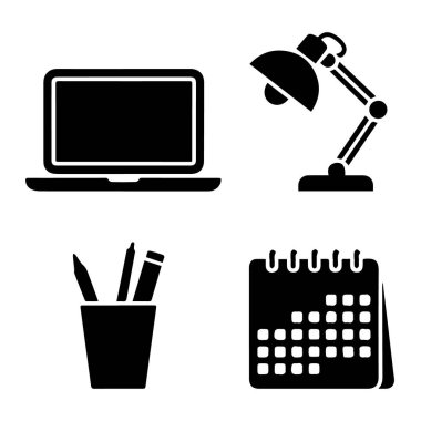 Ofisi temsil eden ve temel dizüstü bilgisayar, masa lambası, kalemli kalem tutacağı ve beyaz arkaplanda izole edilmiş bir takvim içeren simgeler kümesi.