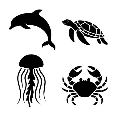 Beyaz arka planda bir yunus, kaplumbağa, denizanası ve yengeç içeren bir grup deniz hayvanı silueti.