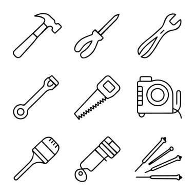 Beyaz arka planda izole edilmiş, inşaat, onarım ve diy projeleri için el aletleri ve donanım koleksiyonu