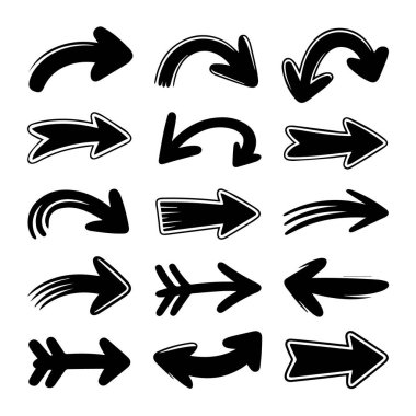 Beyaz arkaplanda izole edilmiş çeşitli siyah oklar ve işaretler koleksiyonu