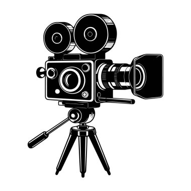 Tripodda klasik film kamerası, beyaz arkaplanda izole edilmiş retro film ekipmanı.