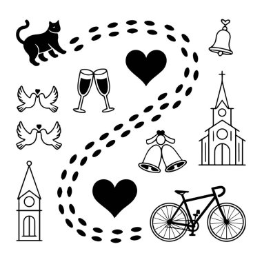 Beyaz arka planda kedi, güvercin, kilise, bisiklet ve şampanya bardaklarının yer aldığı yolu olan düğün ve hayvan simgeleri