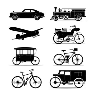Beyaz arka planda izole edilmiş klasik ve klasik ulaşım siluetleri, arabalar, motosikletler, bisikletler, trenler ve uçaklar koleksiyonu