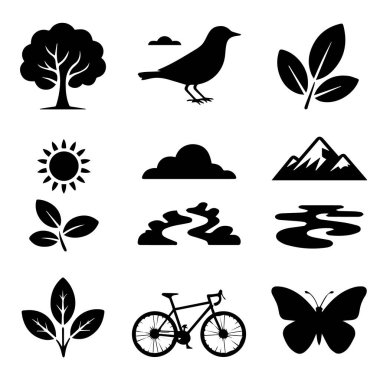 Beyaz arka planda ağaç, kuş, güneş, dağ, nehir, bisiklet ve kelebek gibi doğa ve açık hava etkinlikleri simgeleri