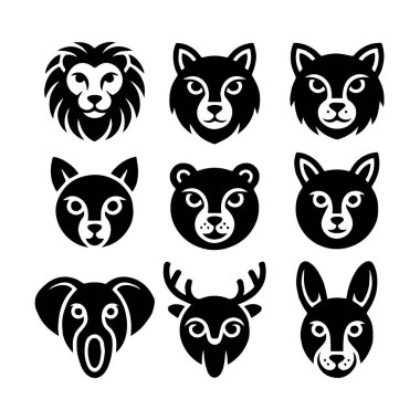 Beyaz arka planda izole edilmiş aslan, kurt, tilki, kedi, ayı ve köpek gibi biçimlendirilmiş hayvan kafası simgelerinin toplanması