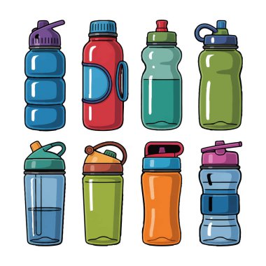 Farklı kapaklı ve tasarımlı, beyaz arka planda izole sekiz renkli yeniden kullanılabilir spor su şişesi koleksiyonu
