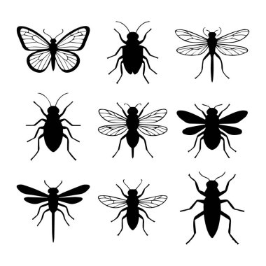 Beyaz arka planda kelebek, böcek, yusufçuk, arı, eşek arısı, karınca ve sinek gibi böcek silueti koleksiyonu