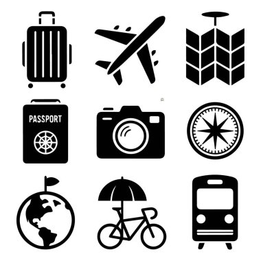 Beyaz arka planda uçak, çanta, pasaport, kamera, pusula, dünya, bisiklet ve tren gibi seyahat ve ulaşım simgelerinin toplanması