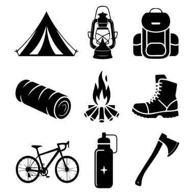Kamp, fener, sırt çantası, uyku tulumu, kamp ateşi, yürüyüş botu, bisiklet, su şişesi ve balta gibi beyaz arka planda izole edilmiş ikonlar.