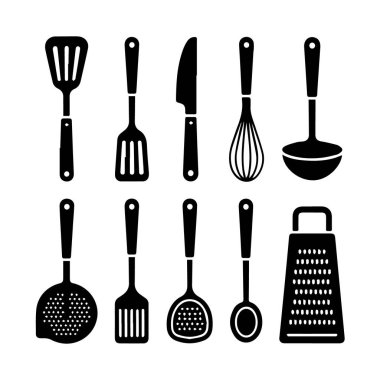 Mutfak gereçleri ve yemek aletleri koleksiyonu, spatulalar, çırpma, kepçe, rende ve daha fazlası, beyaz arka planda izole edilmiş.