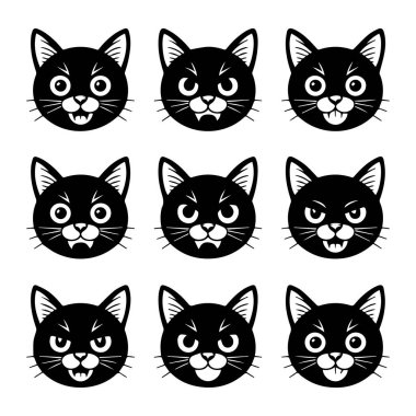 Beyaz arka planda izole edilmiş, farklı ifadelere sahip dokuz siyah kedi yüzü.