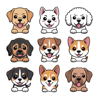 Çeşitli türlerden dokuz sevimli karikatür yavrusu koleksiyonu, beyaz arka planda izole edilmiş, farklı ifadeler ve renkler sergiliyorlar.