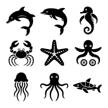 Beyaz arka planda yunus, deniz atı, yengeç, denizyıldızı, ahtapot, denizanası ve köpekbalıklarından oluşan dokuz deniz hayvanı silueti.