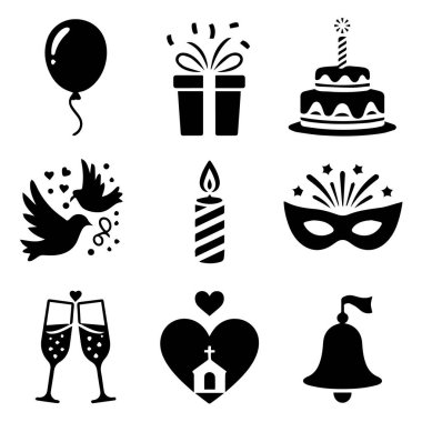 Beyaz arka planda balon, hediye, pasta, mum, maske, zil ve kalp içeren kutlama ve olay simgeleri koleksiyonu