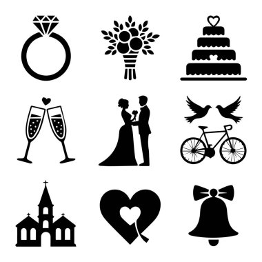 Beyaz arkaplanda yüzük, buket, pasta, bisiklet, şampanya, çift, güvercin, kilise, kalp ve zil içeren düğün ikonları var.