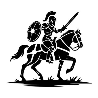 Zırhlı bir savaşçının silueti beyaz arka planda, kılıcı ve kalkanı olan bir ata biniyor.
