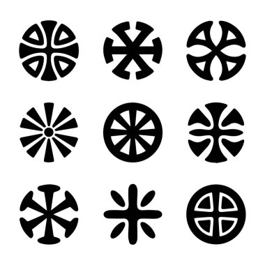 Beyaz arkaplanda izole edilmiş dokuz dairesel geometrik sembol ve desen koleksiyonu