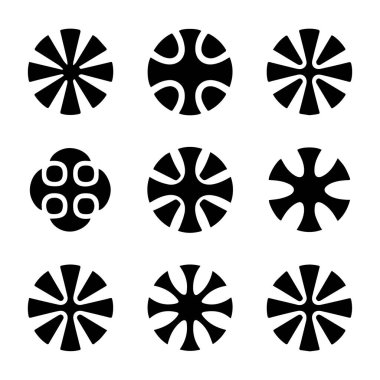 Beyaz arkaplanda izole edilmiş dokuz dairesel geometrik sembol ve desen kümesi