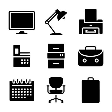 Beyaz arkaplanda bilgisayar, masa lambası, yazıcı, dolap, çanta, takvim ve sandalye içeren ofis ve iş simgeleri koleksiyonu