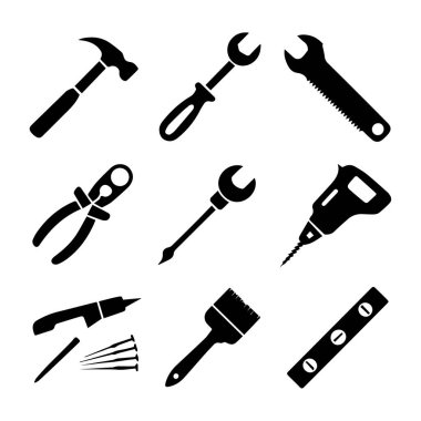 Çekiç, anahtar, pense, matkap, boya fırçası ve beyaz arka planda izole edilmiş düzeyi de içeren çeşitli inşaat ve onarım araçları simgeleri