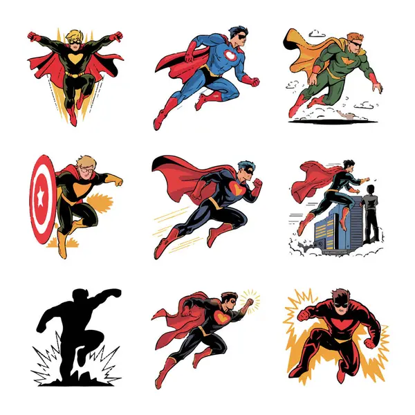Hareket halindeki süper kahraman vektör sanatı, beyaz arka planda izole edilmiş pelerin ve kostümlerle uçan, atlayan ve güçlü pozlar veren harekettir.