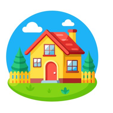 Kırmızı çatılı, yeşil çimenler, ağaçlar ve bulutlu mavi gökyüzünün altında beyaz çitlerle çevrili büyüleyici sarı çizgi film evi.