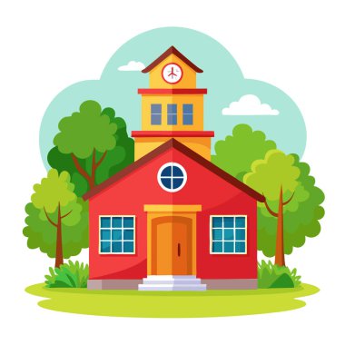 Eğitimi ve toplumu temsil eden, saat kulesi ve çevreleyen ağaçları olan büyüleyici kırmızı bir okul.