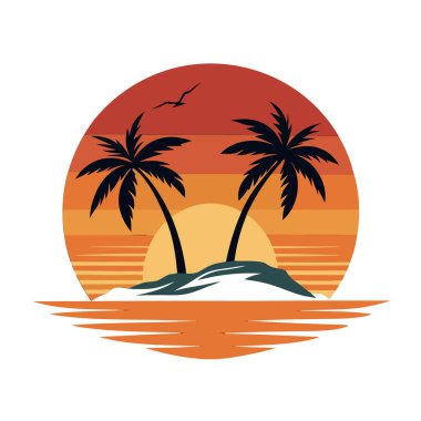 Gün batımında tropik ada cenneti siluetli palmiye ağaçları ve sakin okyanus suyuna yansıyan canlı bir gökyüzü.