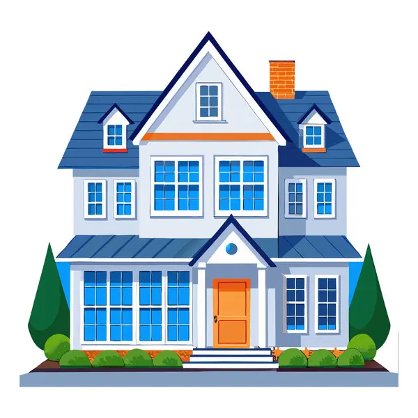 Mavi çatılı, beyaz kaplamalı, turuncu kapılı ve yeşil manzaralı, beyaz arka planda izole edilmiş iki katlı bir banliyö evi.