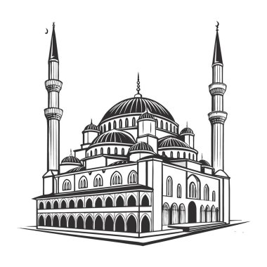 Büyük kubbeleri ve uzun minareleri olan görkemli bir İslami cami, beyaz arka planda izole edilmiş dini mimari ve kültürel mirasın bir sembolü.