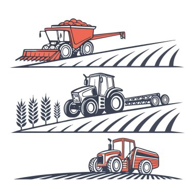 Aralarında hasat makinesi, römorklu bir traktör ve beyaz arka planda izole edilmiş küçük bir traktör de var.