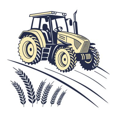Büyük tekerlekleri ve gölgeliği olan sarı bir traktör, ön planda buğday sapları ve kıvrımlı çizgilerle bir tarla boyunca hareket izlenimi veren stilize bir resimde resmedilmiştir.
