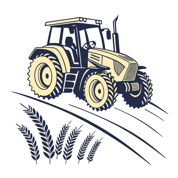 Büyük tekerlekleri ve gölgeliği olan sarı bir traktör, ön planda buğday sapları ve kıvrımlı çizgilerle bir tarla boyunca hareket izlenimi veren stilize bir resimde resmedilmiştir.