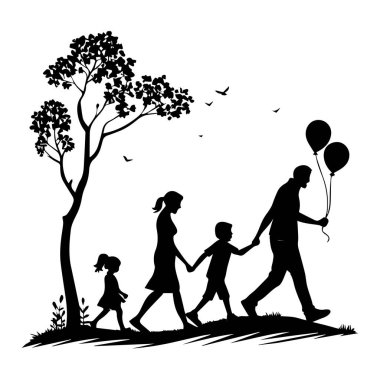 Doğada birlikte yürüyen, el ele tutuşan ve balonları taşıyan, sevgi, birlik ve mutluluğu sembolize eden, beyaz arka planda izole edilmiş bir ailenin silüet sanatı.