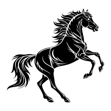 Güçlü ve görkemli bir atın silüet sanatı arka ayaklarının üzerinde beyaz arka planda izole bir şekilde yükseliyor.