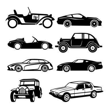 Çeşitli siyah-beyaz çizimlerden oluşan bir vektör koleksiyonu klasik modellerden modern araçlara kadar çeşitli araba türlerini sergiliyor.