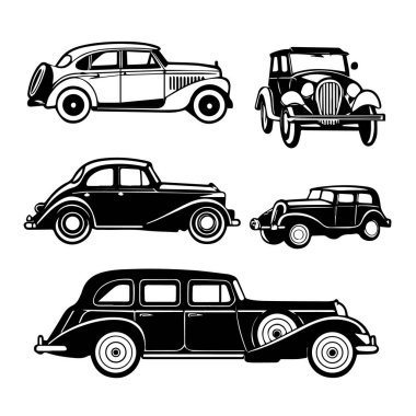 Sedan, coupe ve limuzin de dahil olmak üzere klasik ve klasik otomobil koleksiyonunun taşıyıcı sanatı, beyaz arka planda izole edilmiş siyah siluetler olarak sunulmaktadır.