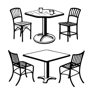 Beyaz arka planda izole edilmiş, kafeyi ya da restoran mobilyalarını temsil eden iki çift kare masa.
