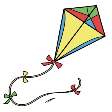 Uzun ipli ve yaylı renkli elmas uçurtma, rüzgarda uçuyor, beyaz arka planda izole edilmiş.